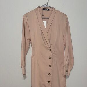 Missguided Nude Long Sleeve Button Dress